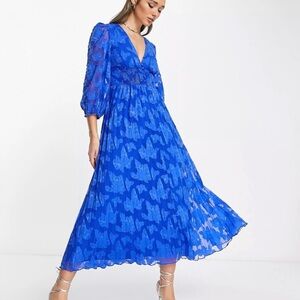 ASOS Maxi Blue 3/5 sleeve Pleated Dress size US 12